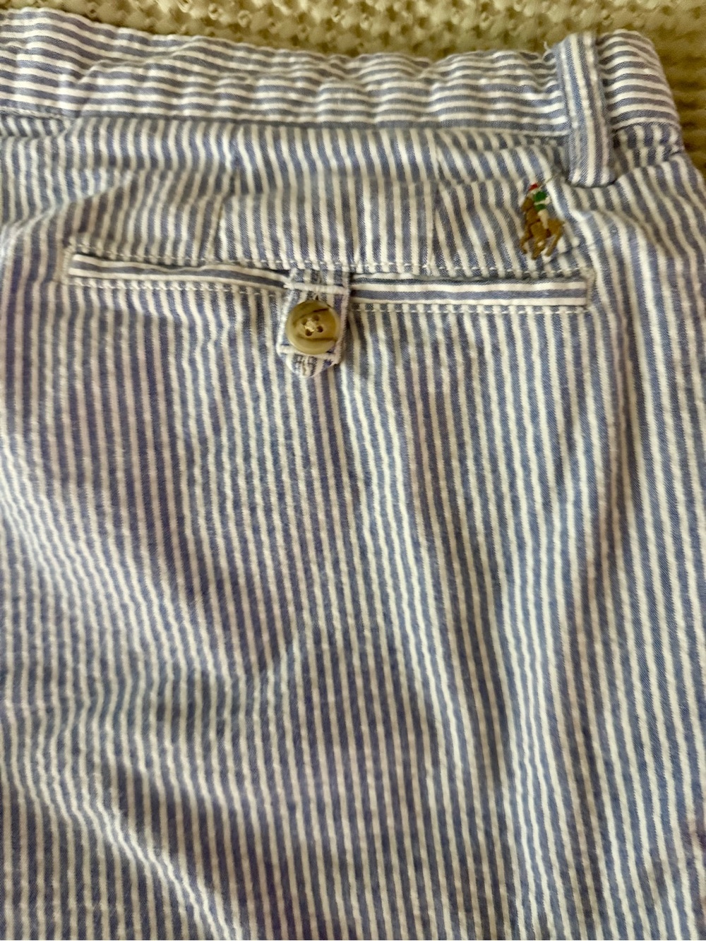 Ralph Lauren Blue and White Striped Seersucker Shorts with Polo Pony